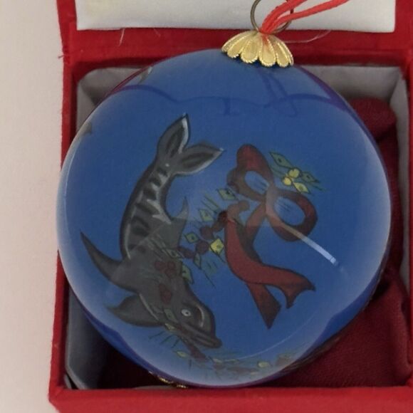 Glass Painted Christmas Ornament, Saint Augustine Florida Dolphin Holiday w/Box - Picture 2 of 10